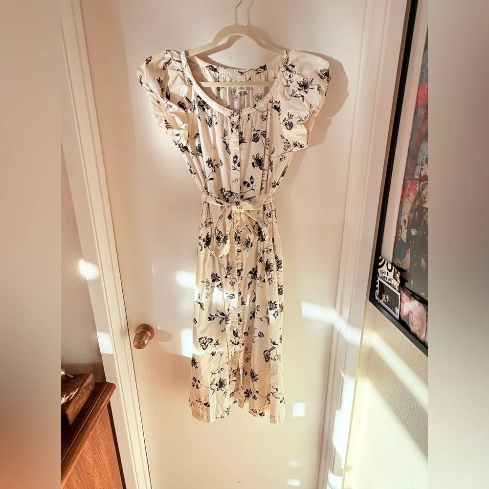 Kentucky Derby Dainty Floral Print Black + Cream Dress with Ruffled Sleeves - Picture 4 of 10